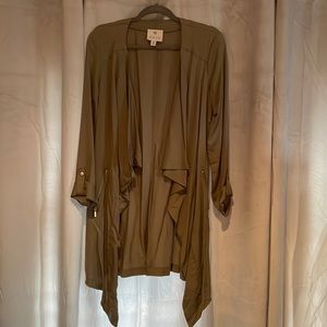 olive green colored open jacket/top